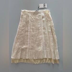 Zara Cream And Pale Yellow Lined Linen Midi Skirt -  Size Medium - New With Tags